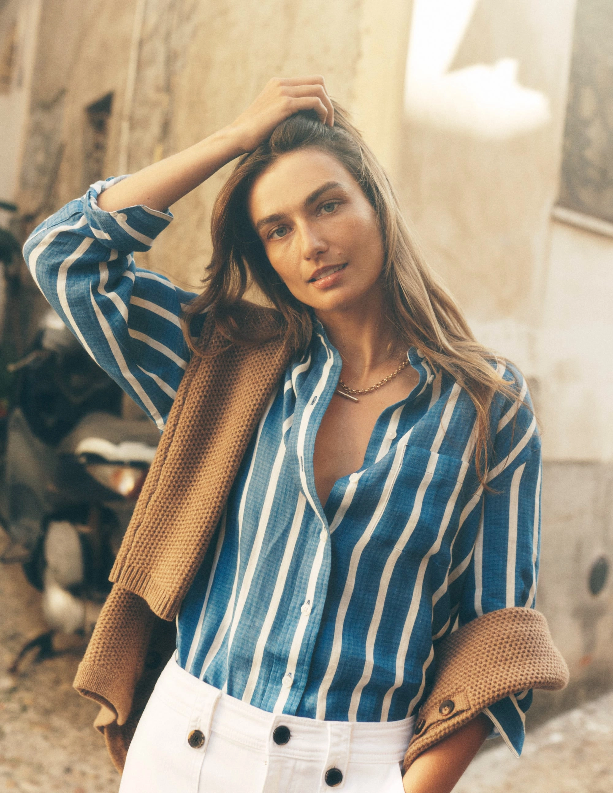 Sadie Relaxed Linen Shirt-Bright Blue Woven Breton Basic Long Sleeve Garment Washed Softness