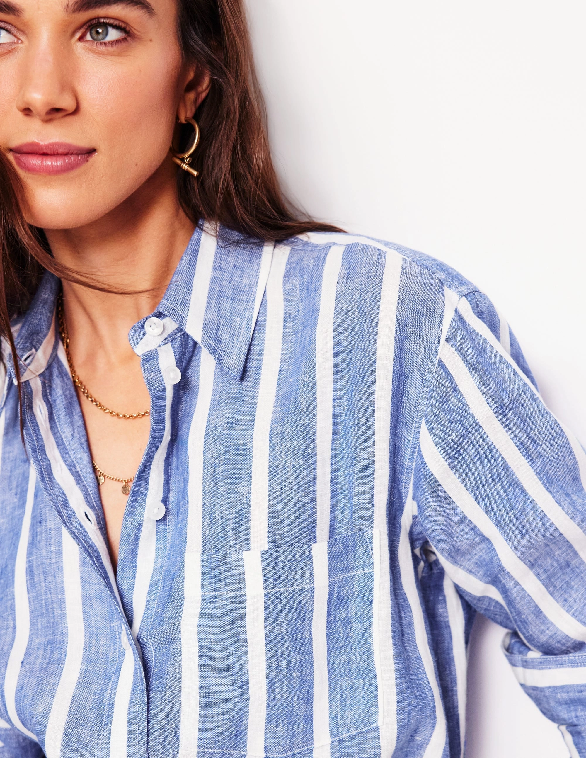 Sadie Relaxed Linen Shirt-Bright Blue Woven Breton MultiPocket Design Bound Seam Finish