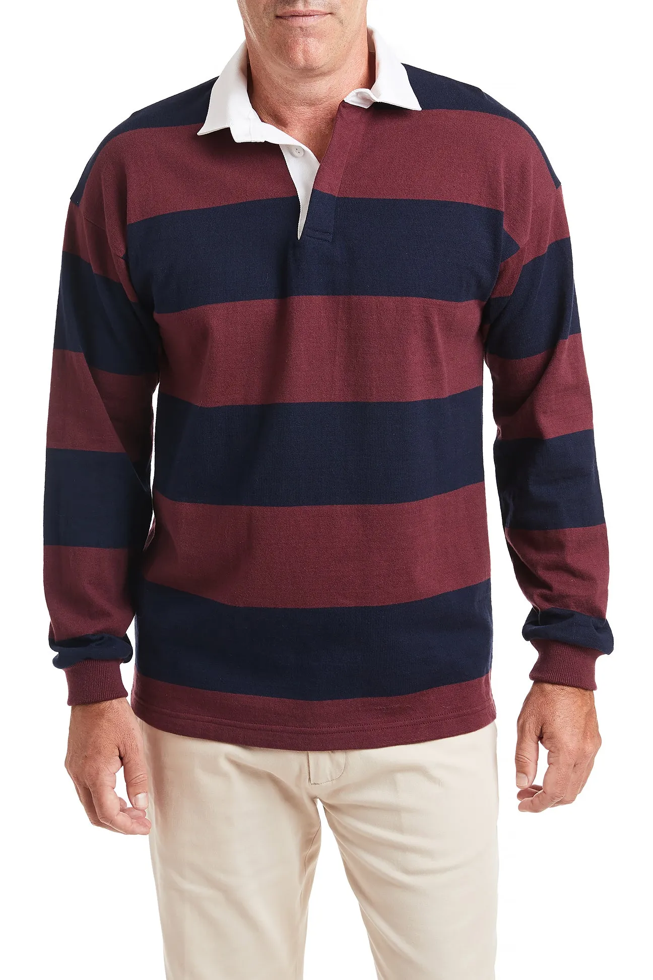 Castaway Rugby Shirt Navy & Burgundy Stripe Chic Tee