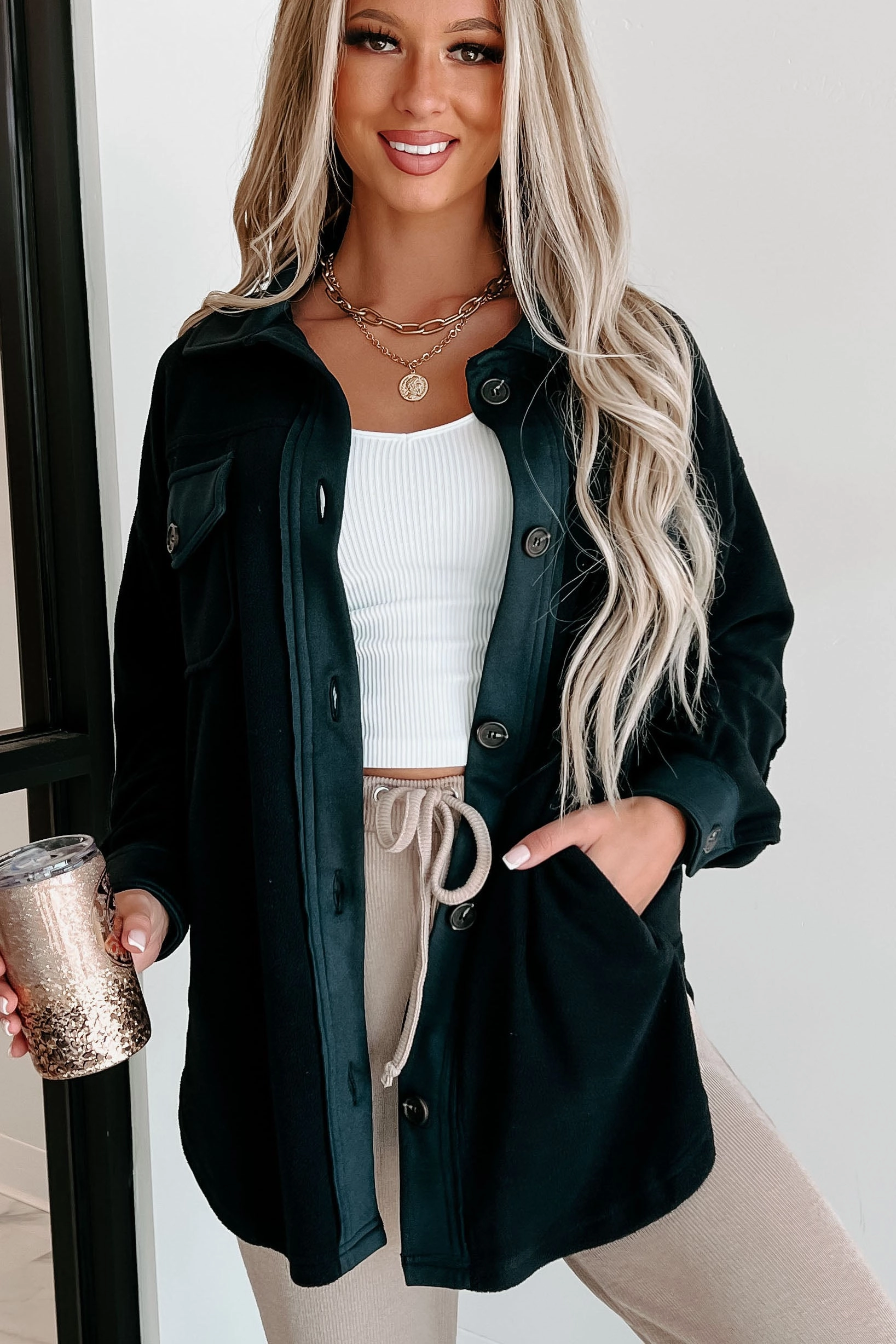 Cozy Campfire Nights Oversized Fleece Shacket (Black) StretchKnit Breathable mesh panel
