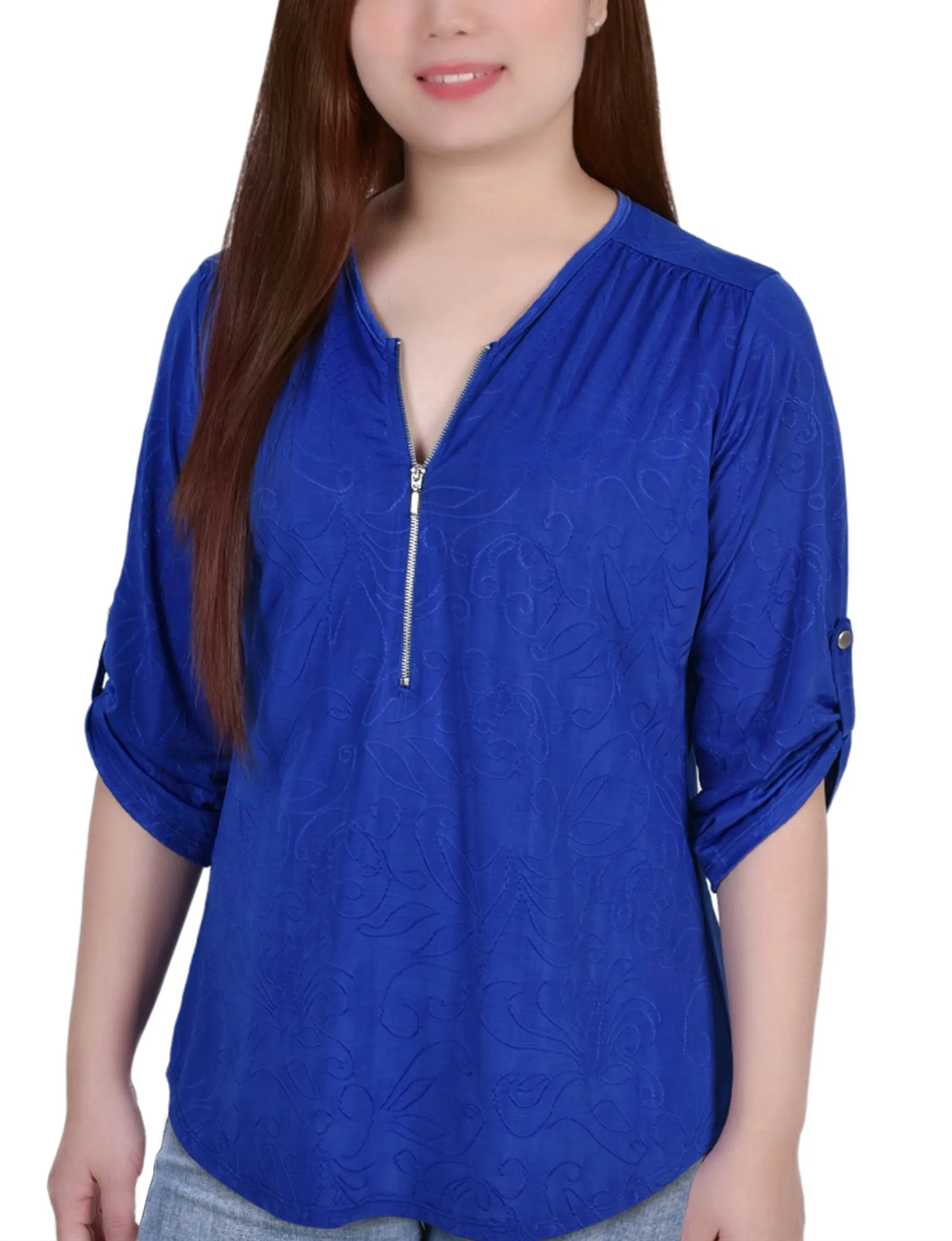 3/4 Roll Tab Zip Front Jacquard Knit Top Tagless Neckline