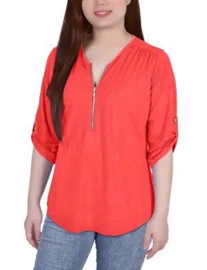 3/4 Roll Tab Zip Front Jacquard Knit Top HiddenVentilationPockets Non Irritating Label