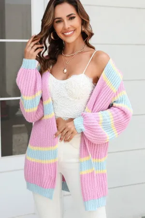 WOMEN OPEN FRONT OVERSIZED COLOR BLOCK CARDIGAN MidweightKnit