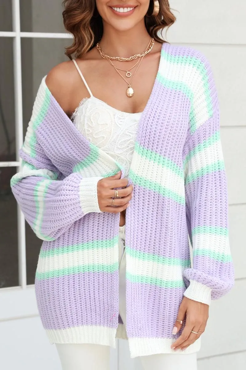 Garment Washed Finish Ribbed Knit Fabric WOMEN OPEN FRONT OVERSIZED COLOR BLOCK CARDIGAN