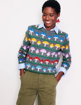 Edie Fair Isle Jumper-Grey Mushroom Ribbed Edging