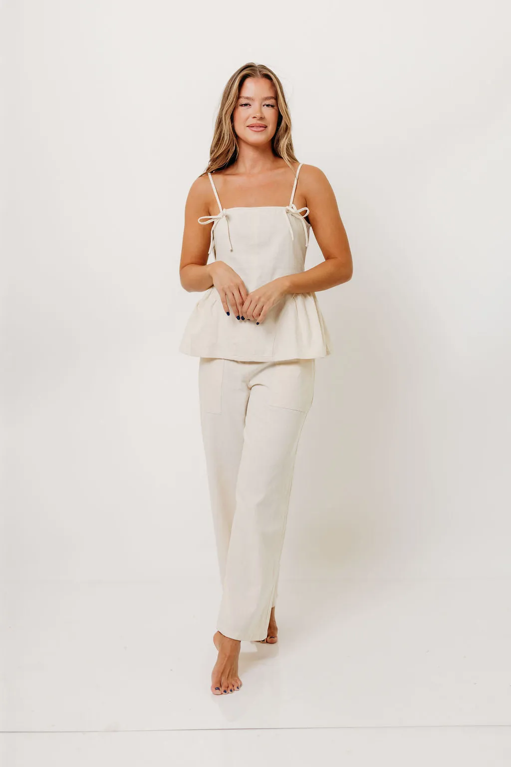 Keira 100% Cotton Bow Trim Peplum Top in Cream Cozy Wear