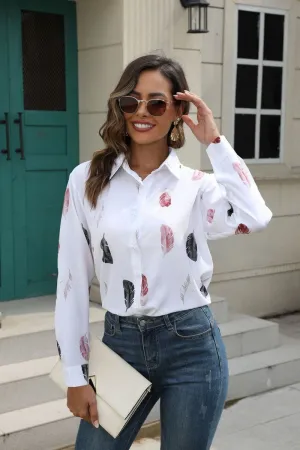 StainResistantFinish Flexible Material WOMEN FEATHER PRINTING BUTTON DOWN BLOUSE TOP