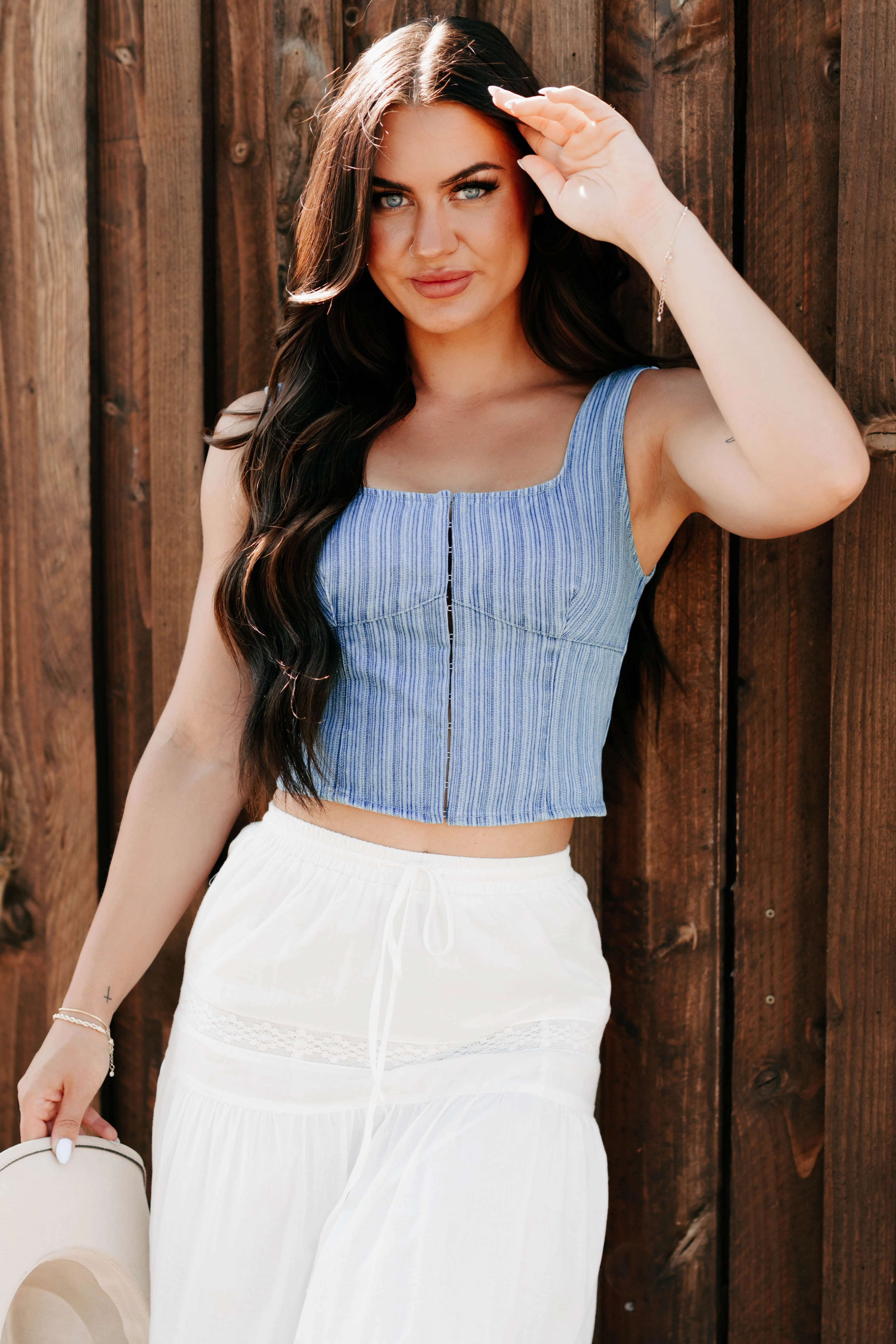 Snag Free Fabric ReinforcedShoulderConstruction Just Killing Time Striped Denim Corset Top (Denim)