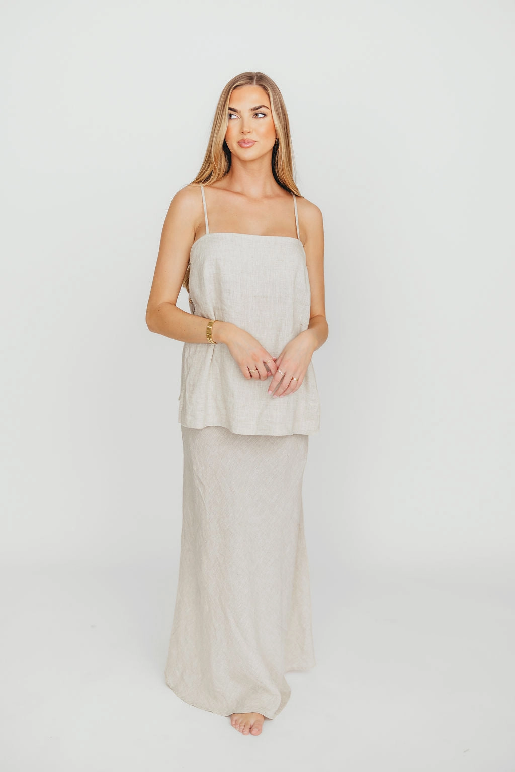 understated look Contrast Panel Novella 100% Linen Woven Maxi Skirt in Linen *Final-Sale*