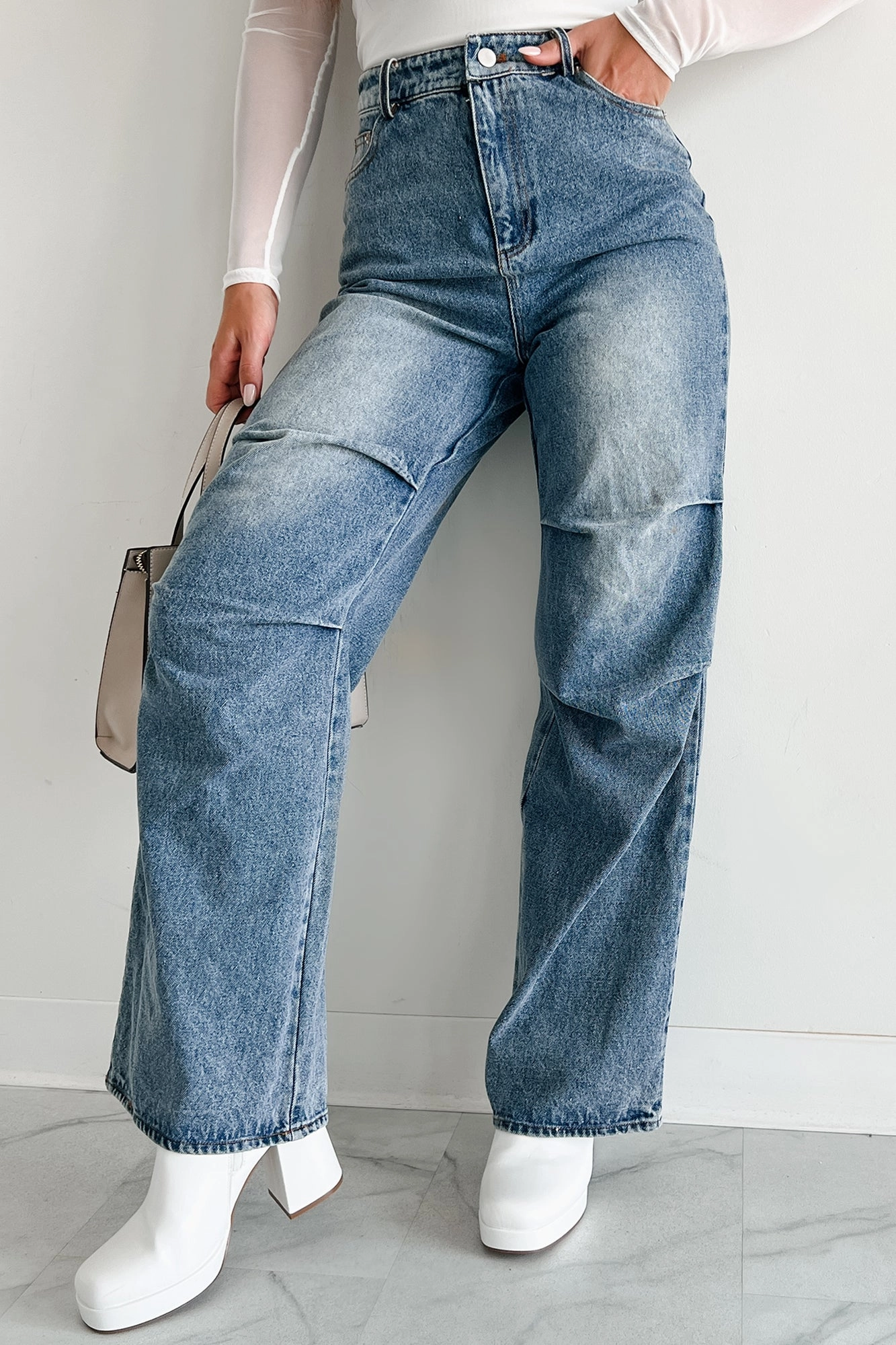 Urban Roots Knee Tuck Wide Leg Jeans (Washed Denim) Quality Material Adventure Ready