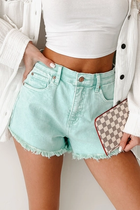Bubblegum Bliss Washed Saige Denim Shorts (Mint) No Iron