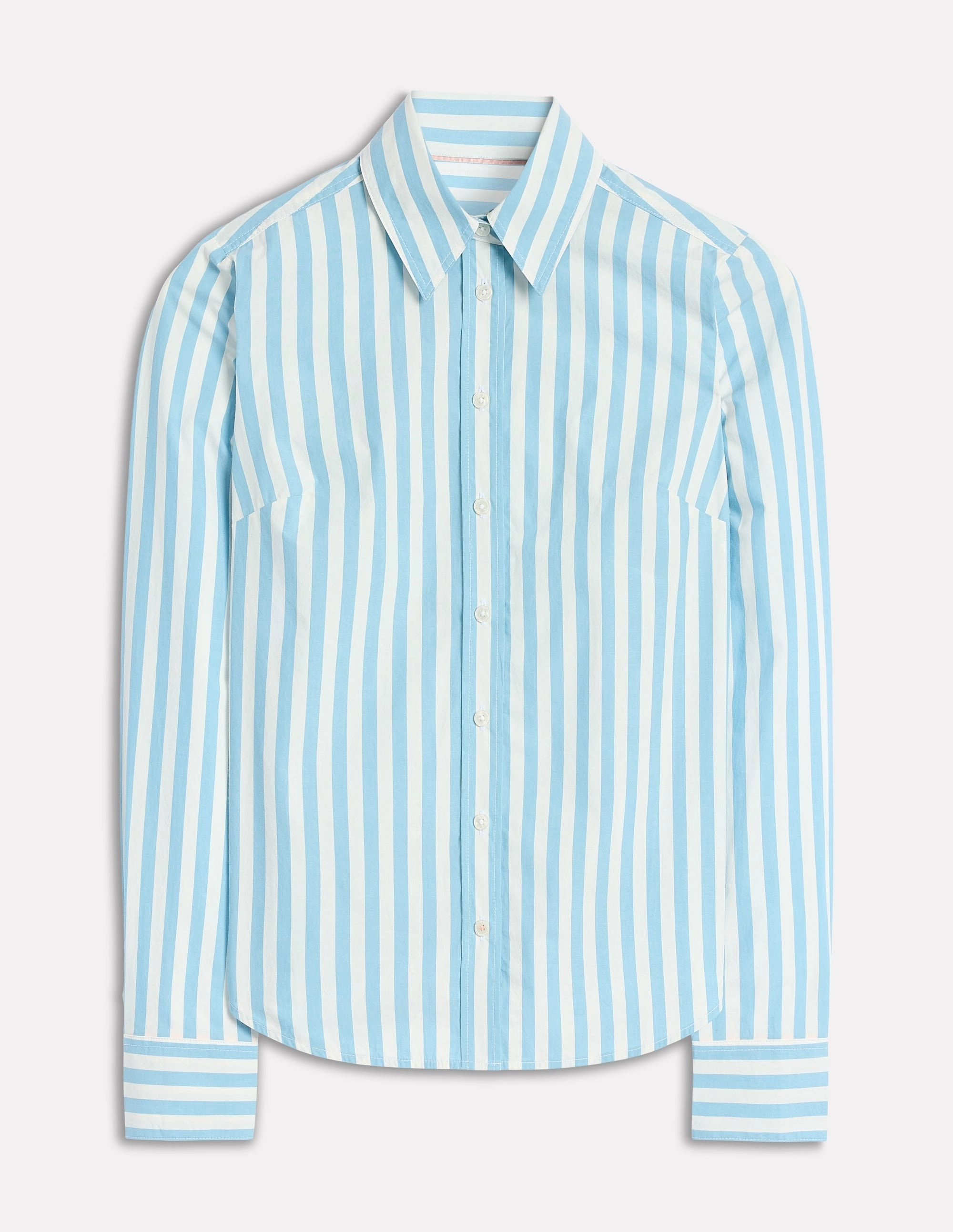 Sienna Cotton Shirt-Duck Egg Blue Stripe Curved Hemline NonChafe Tag Placement