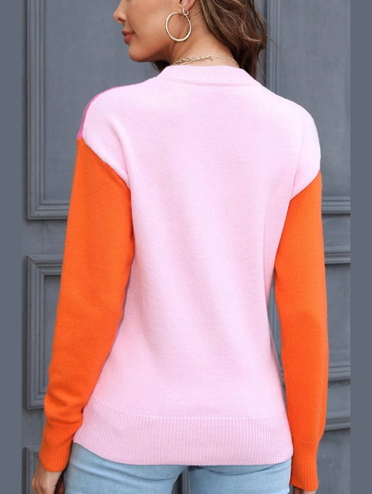 Comfortable Style WrinkleResistantFinish WOMEN COLORED SLEEVE ROUND NECK KNIT SWEATER
