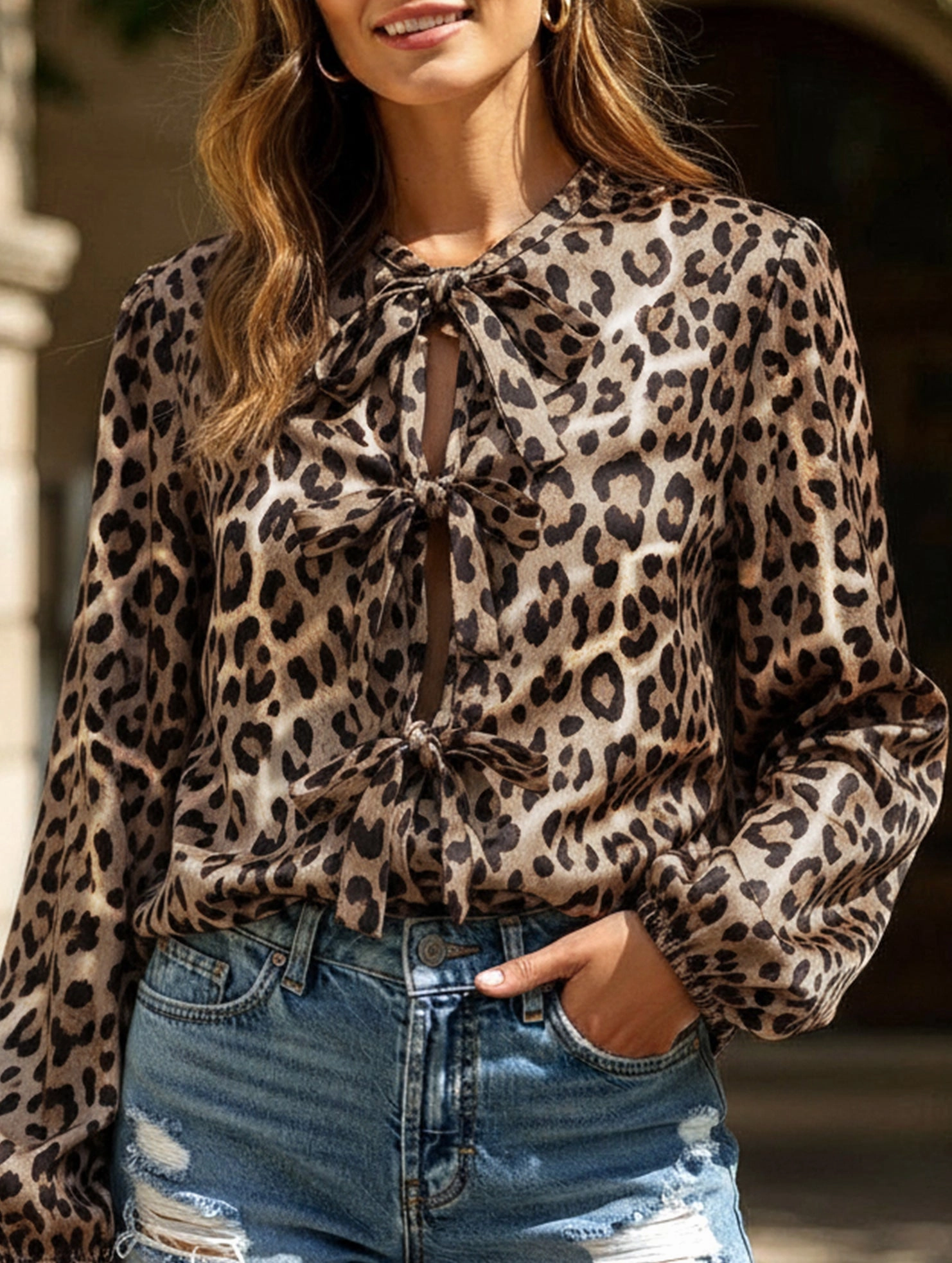 Casual leopard print tie shirt Weighted Hem Trim Flowing Design