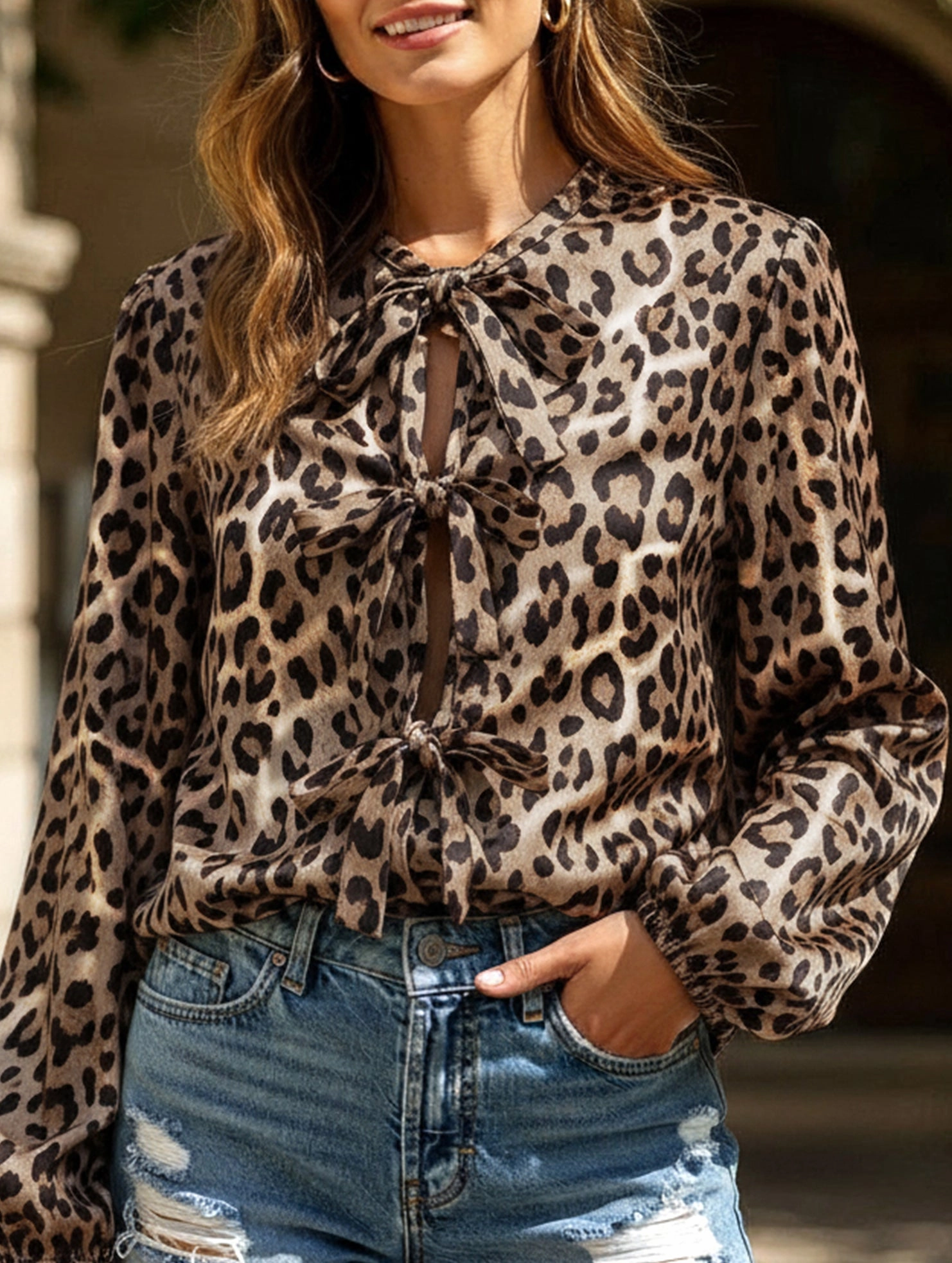 Stretch waistband Soft Knit Casual leopard print tie shirt