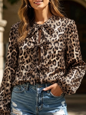 Casual leopard print tie shirt Adjustable Hemline