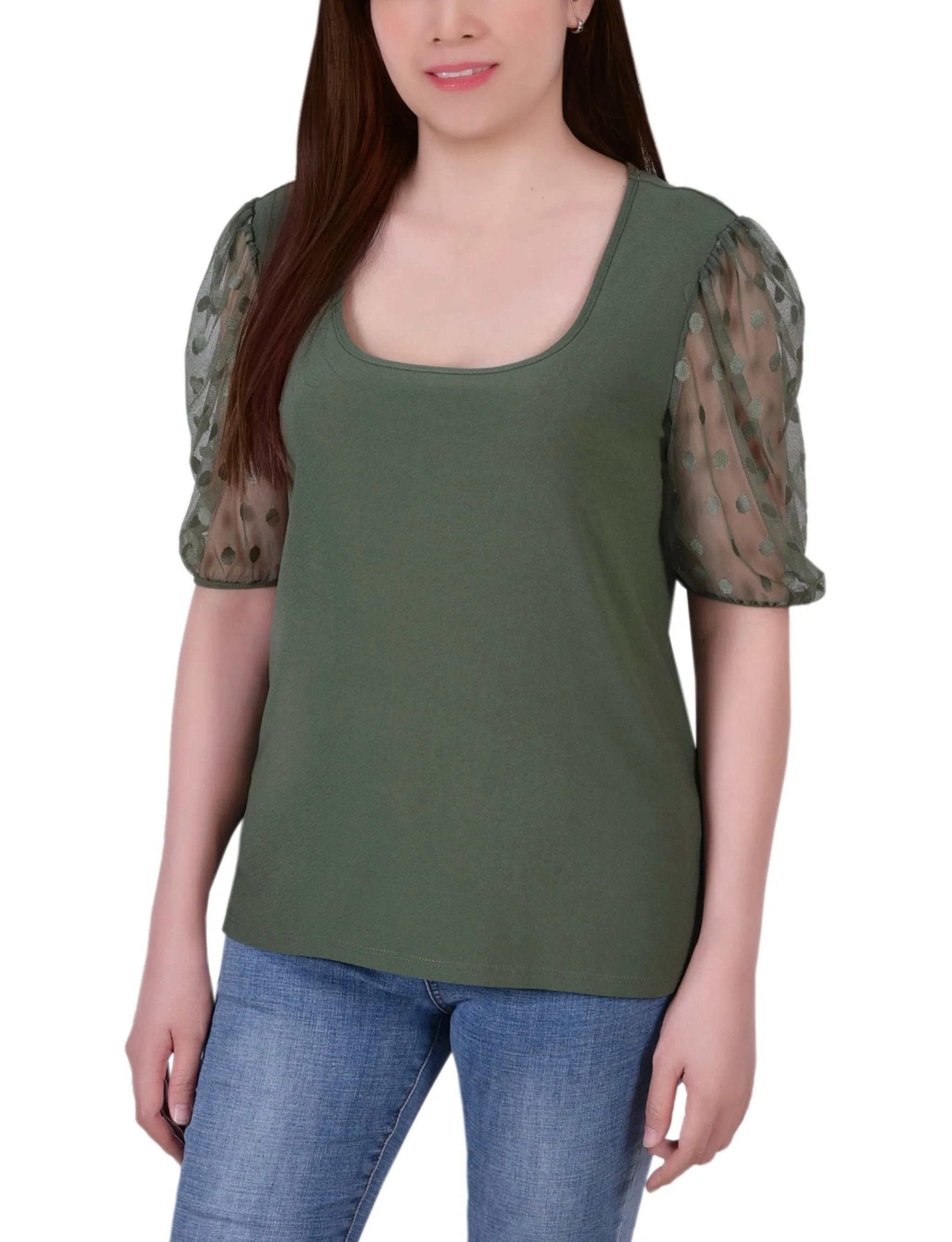 Microfiber Blended Fabric Non Closure Collar Petite Elbow Sleeve Crepe Top With Mesh Dotted Sleeves