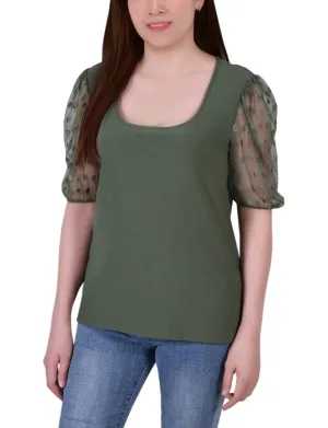 MultiFunctionalDesign ButterSoftTexture Petite Elbow Sleeve Crepe Top With Mesh Dotted Sleeves