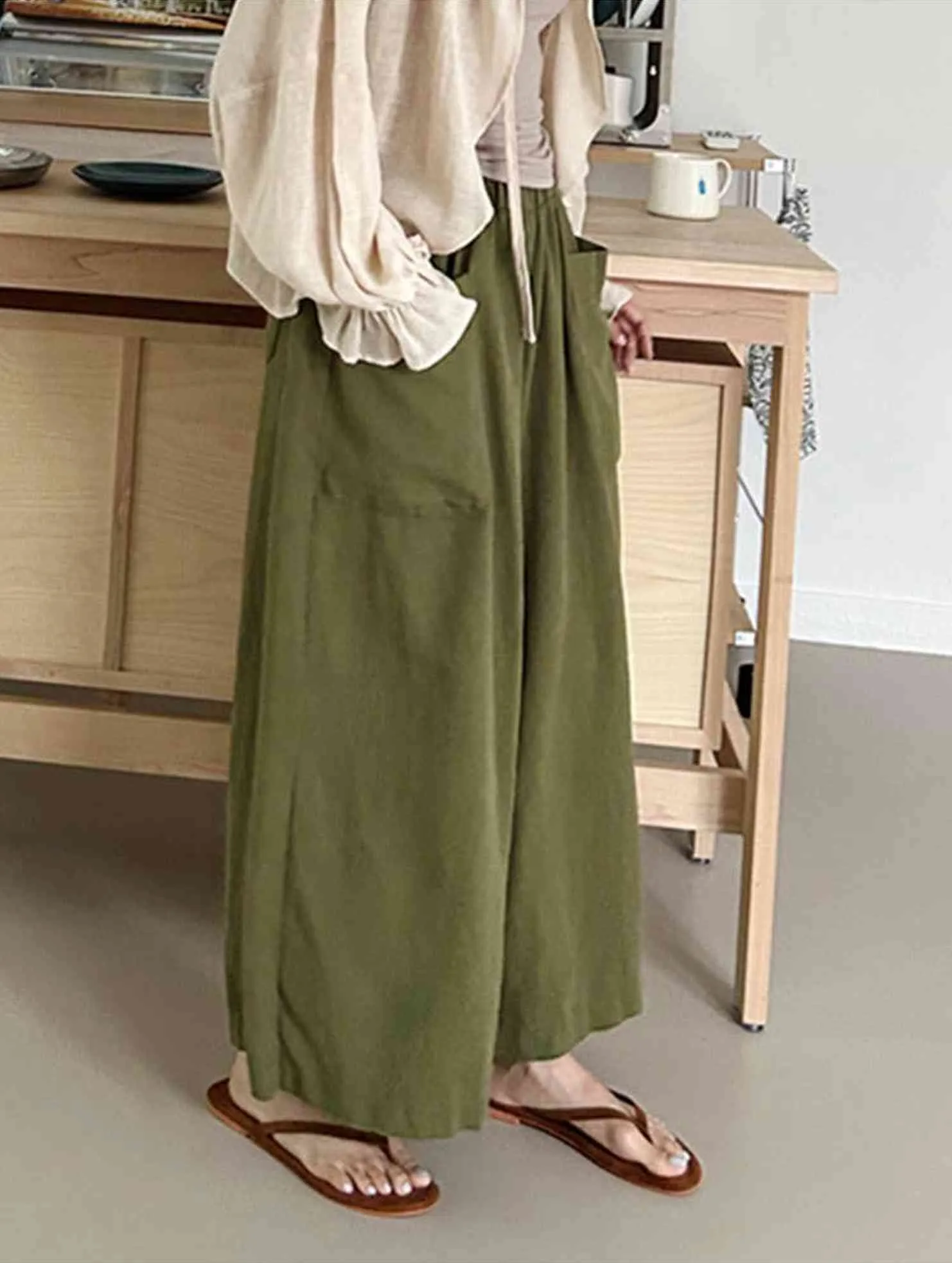 Comfort Focused Stretchable Waist CASUAL LOOSE RAMIE WIDE-LEG PANTS_CWBLP0737