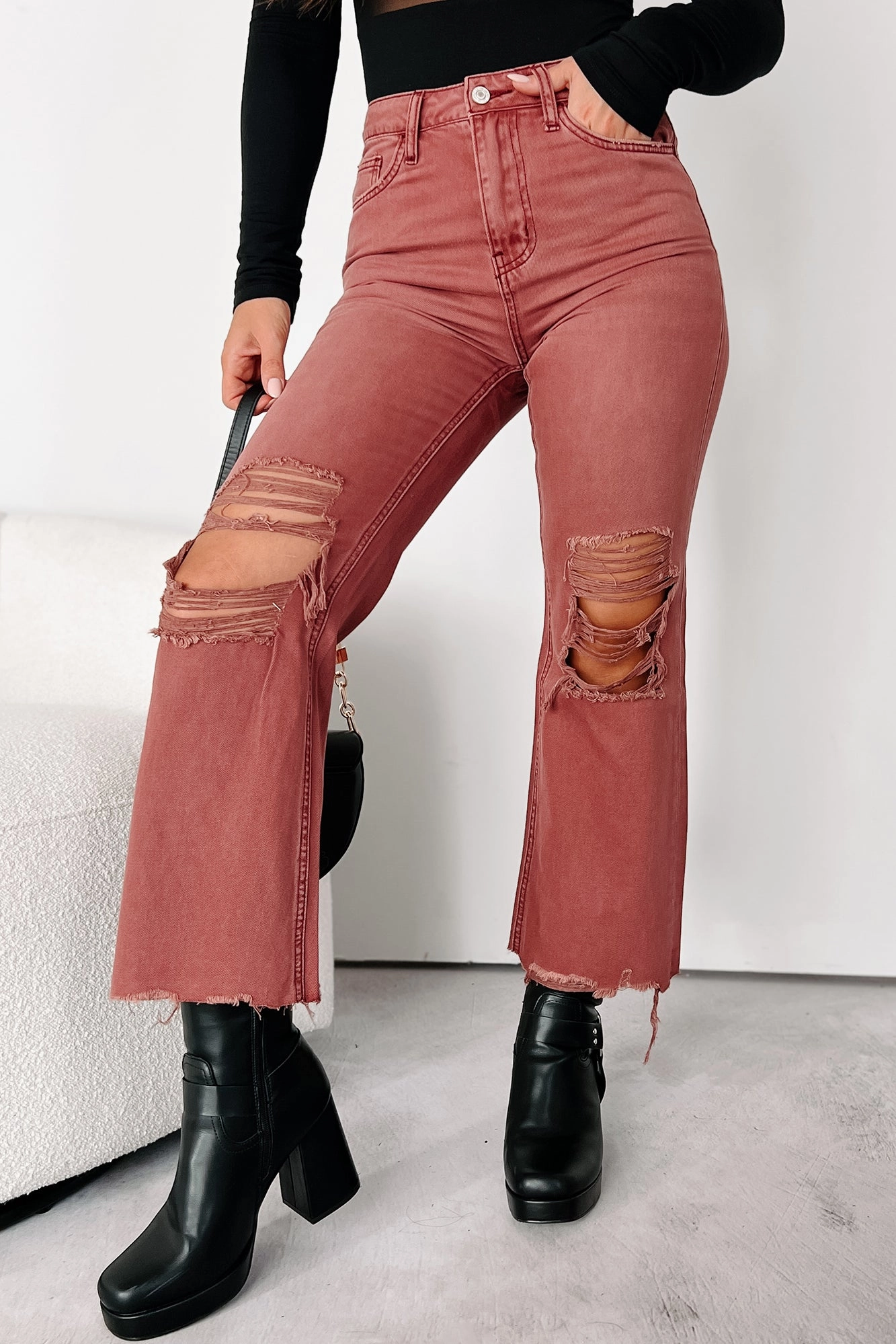 Slim Look Doyle High Rise 90s Vintage Vervet Crop Flare Jeans (Russet)