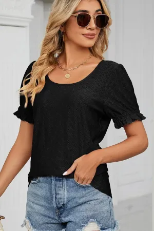 UV protection coating Double Needle Stitching PUNCHING LACE LOUND NECK PRINCESS SLEEVES TOP