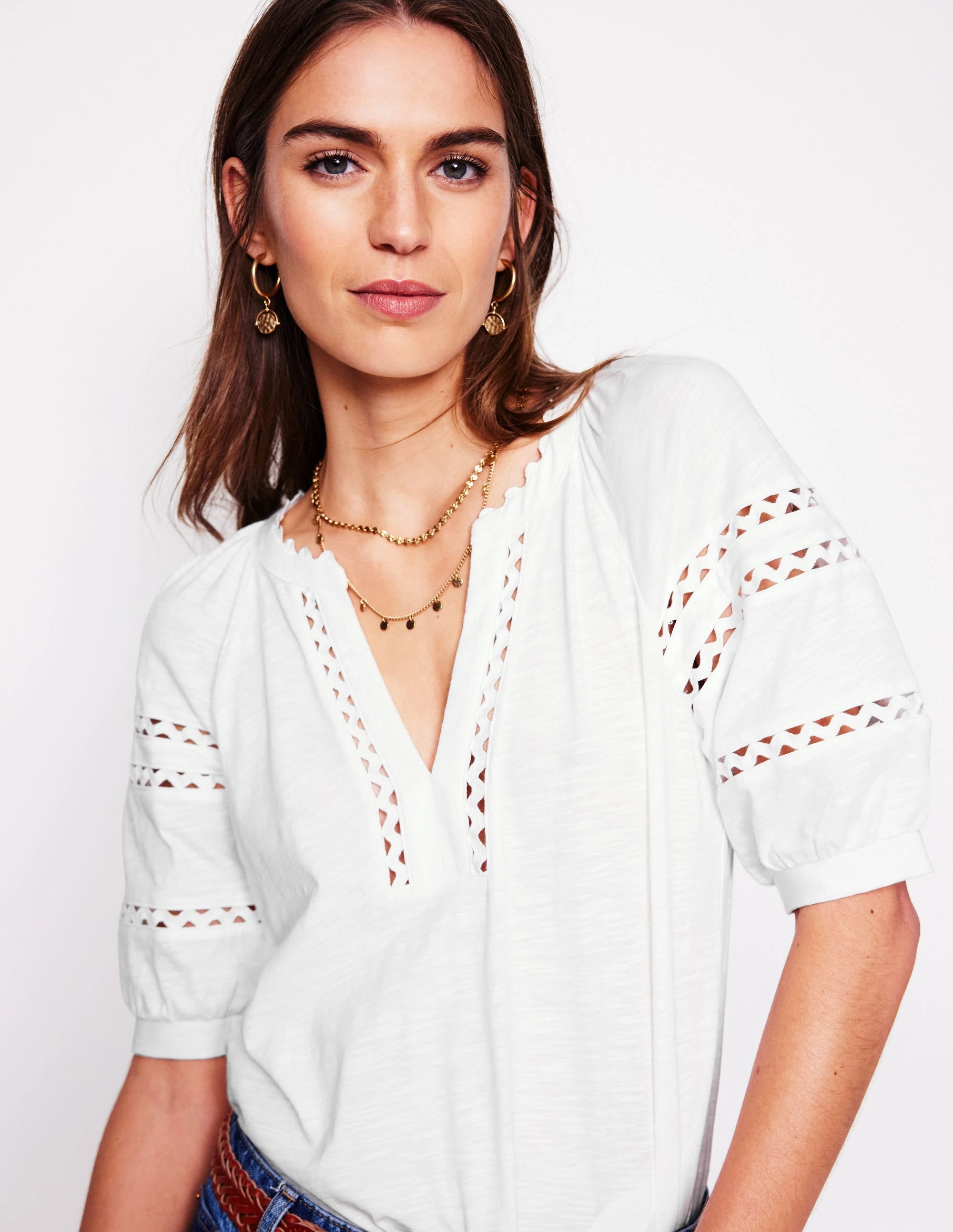 Maisy Rikrak Trim Top-White Reinforced Neckline Detail GarmentDyed