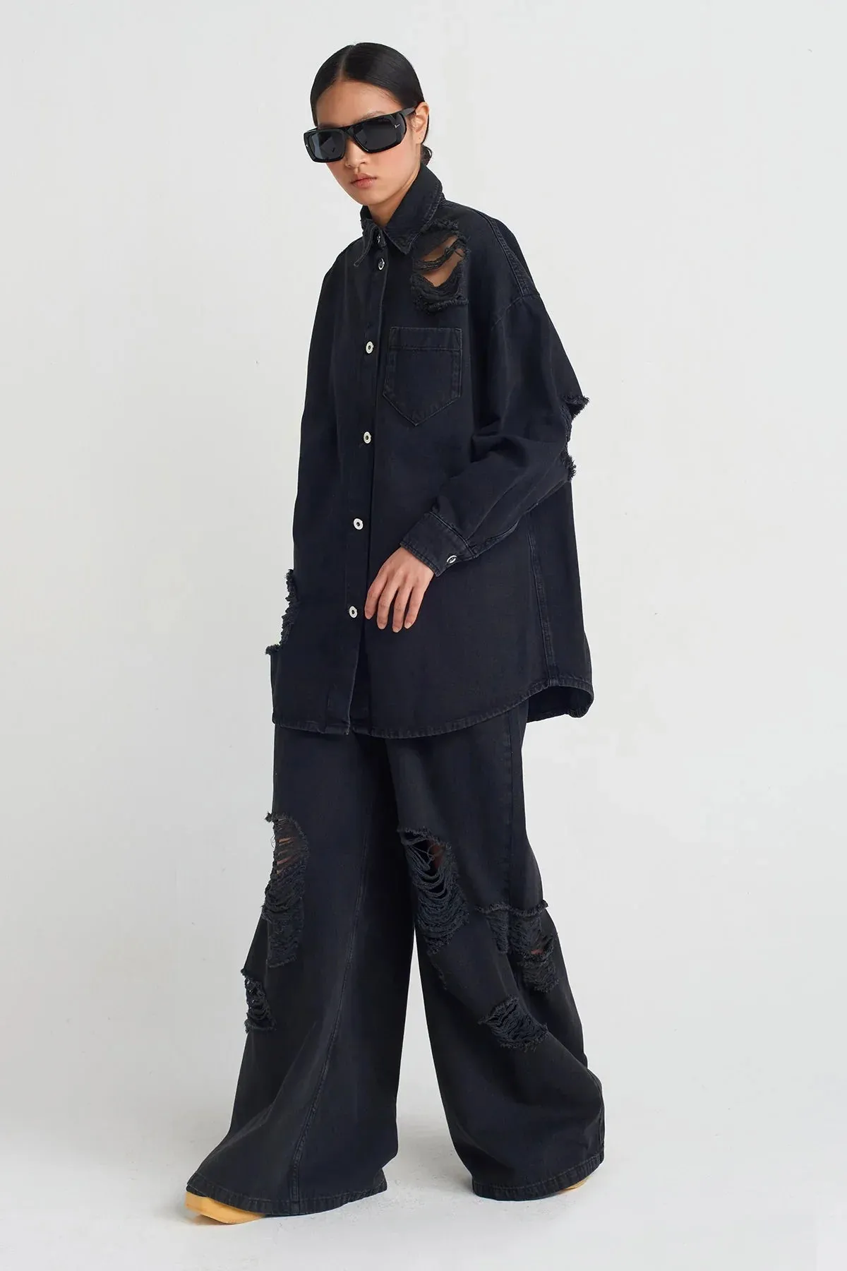Nu Distressed Denim Shirt Black