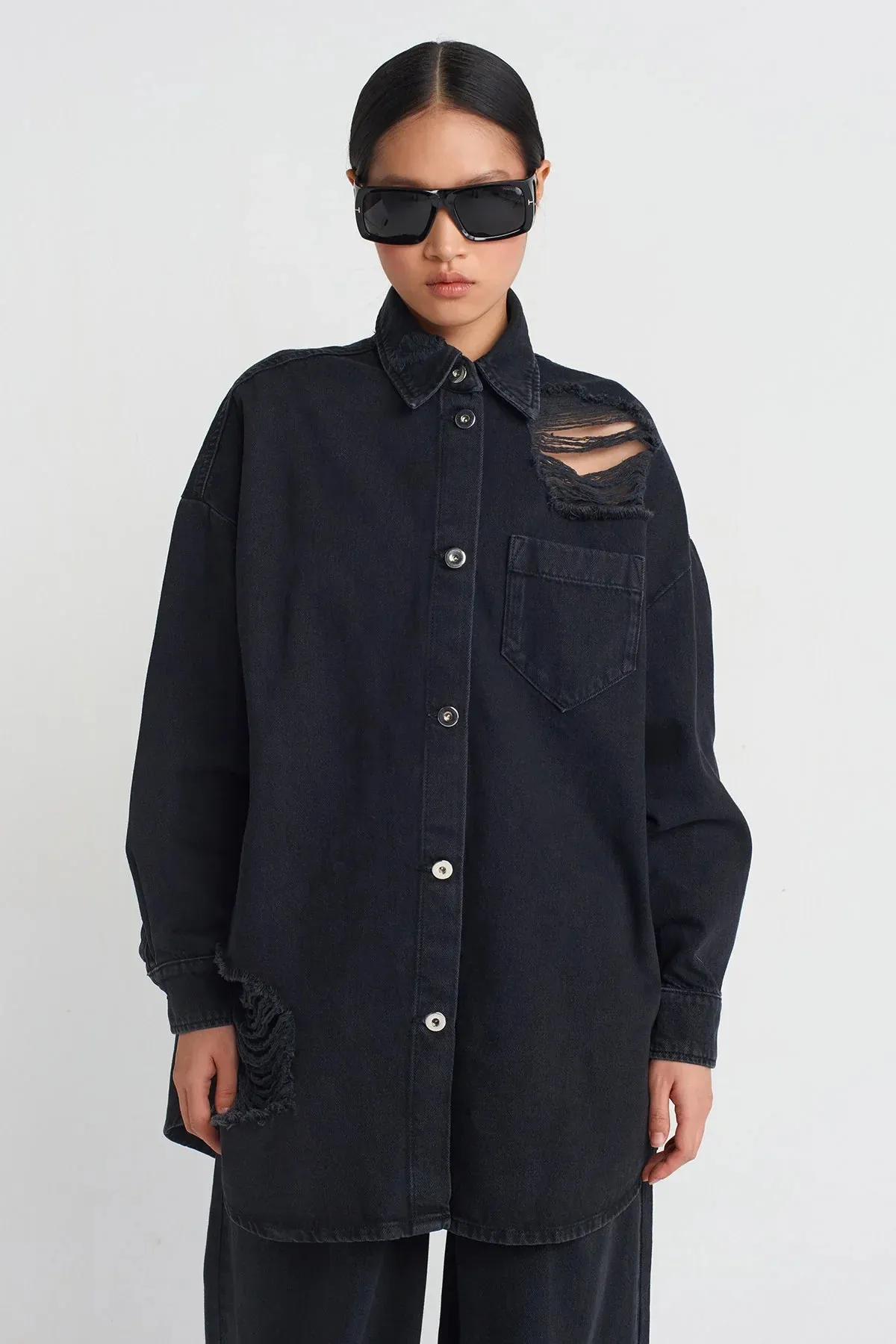 Nu Distressed Denim Shirt Black