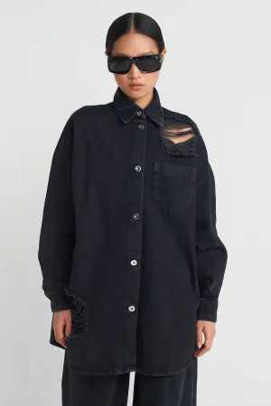 Nu Distressed Denim Shirt Black