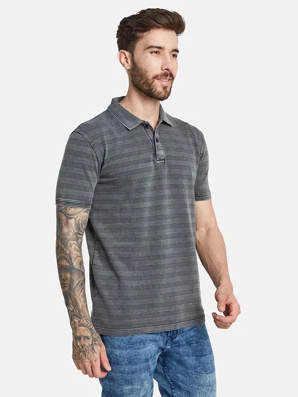 Octave Striped Polo Collar Short Sleeves Striped Regular Fit Cotton T-Shirt