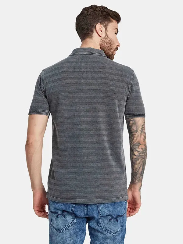Octave Striped Polo Collar Short Sleeves Striped Regular Fit Cotton T-Shirt