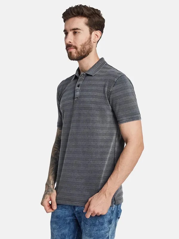 Octave Striped Polo Collar Short Sleeves Striped Regular Fit Cotton T-Shirt