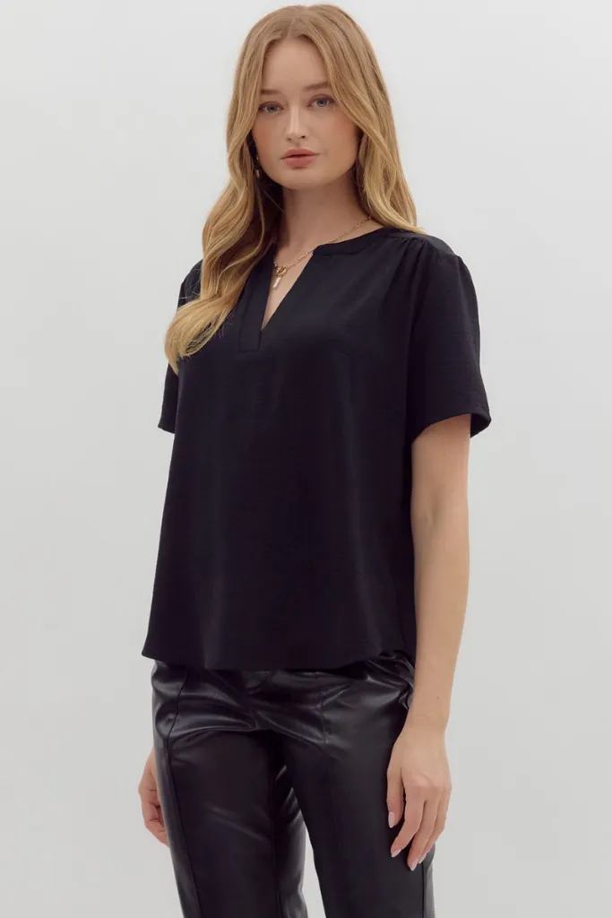 Stretchable Material All-Purpose Odette Short Sleeve Top in Black