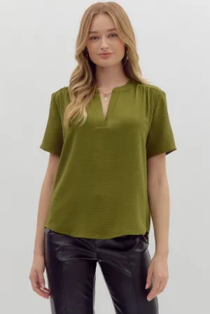 Odette Short Sleeve Top in Olive HighStretchElastic