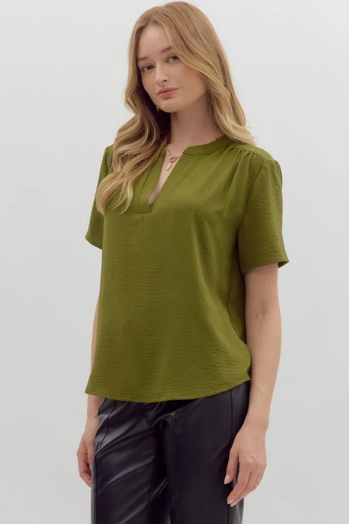 Odette Short Sleeve Top in Olive Soft Brushed Finish