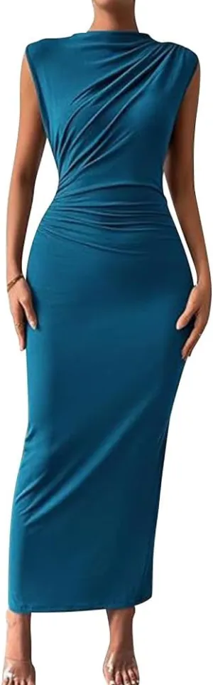 ODIZLI Mock Neck Dress for Women Bodycon Dresses Cap Sleeve Maxi Dress Women's Formal Wedding Dresses