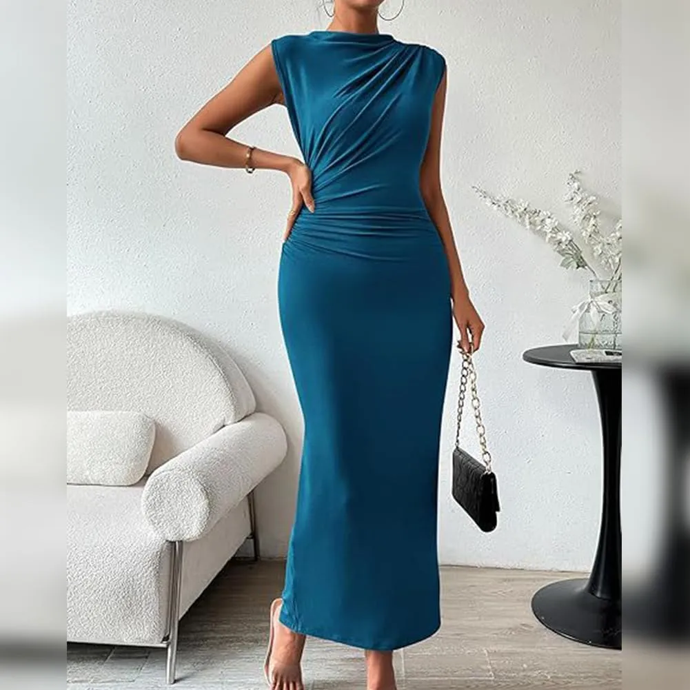 ODIZLI Mock Neck Dress for Women Bodycon Dresses Cap Sleeve Maxi Dress Women's Formal Wedding Dresses