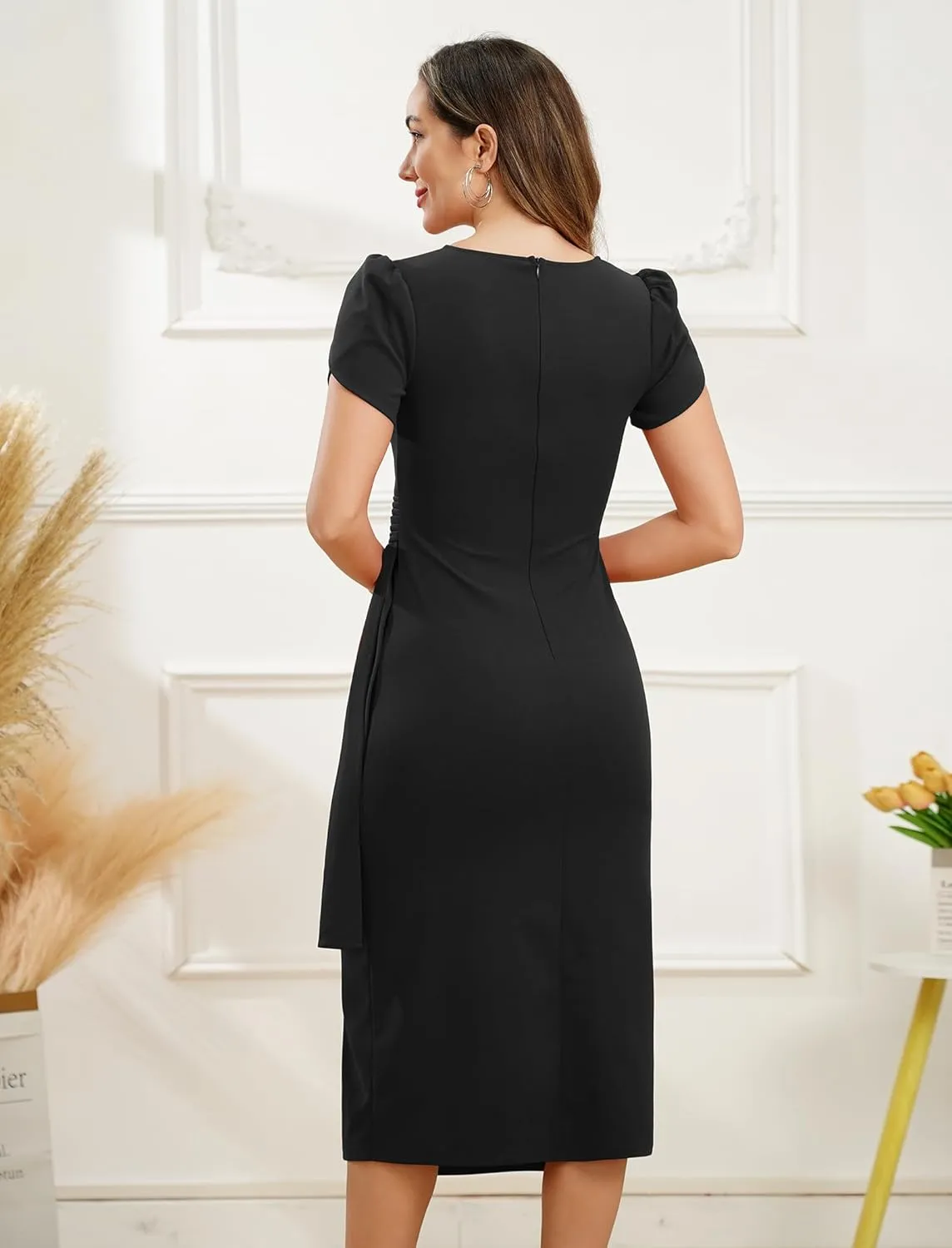 ODIZLI Women's Casual Semi Formal Summer Petal Sleeve V Neck Ruched Bodycon Midi Dress Party Dress