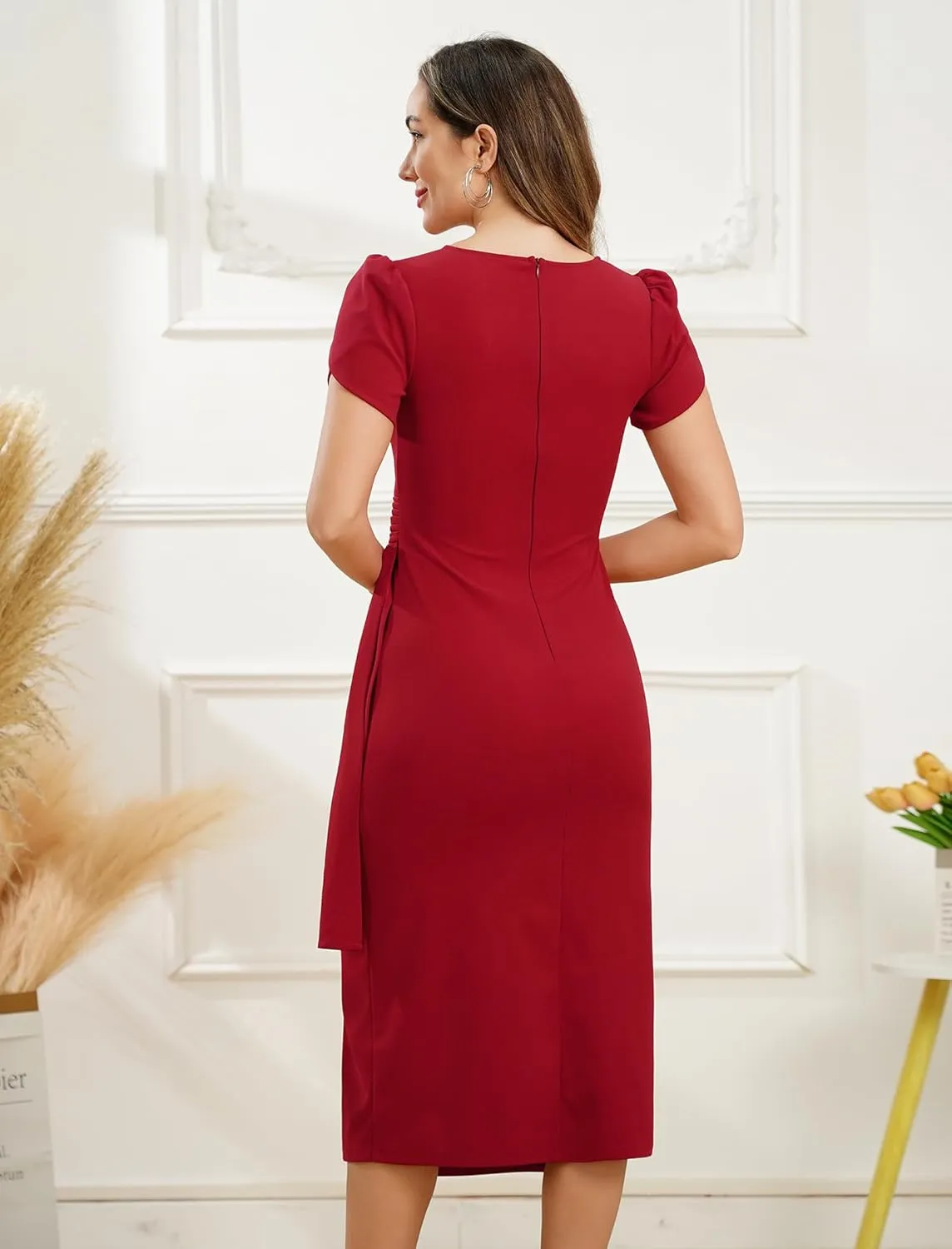 ODIZLI Women's Casual Semi Formal Summer Petal Sleeve V Neck Ruched Bodycon Midi Dress Party Dress