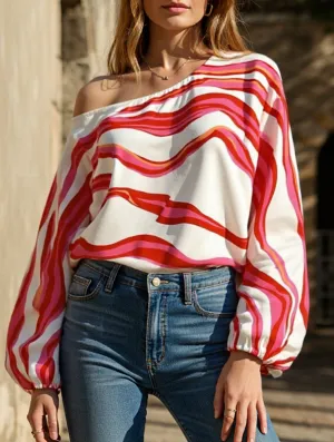 StretchTechnology Off-the-shoulder boat neck printed loose shirt