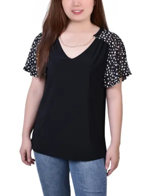 TwillWeave Combo Chiffon-Sleeve V Neck Top
