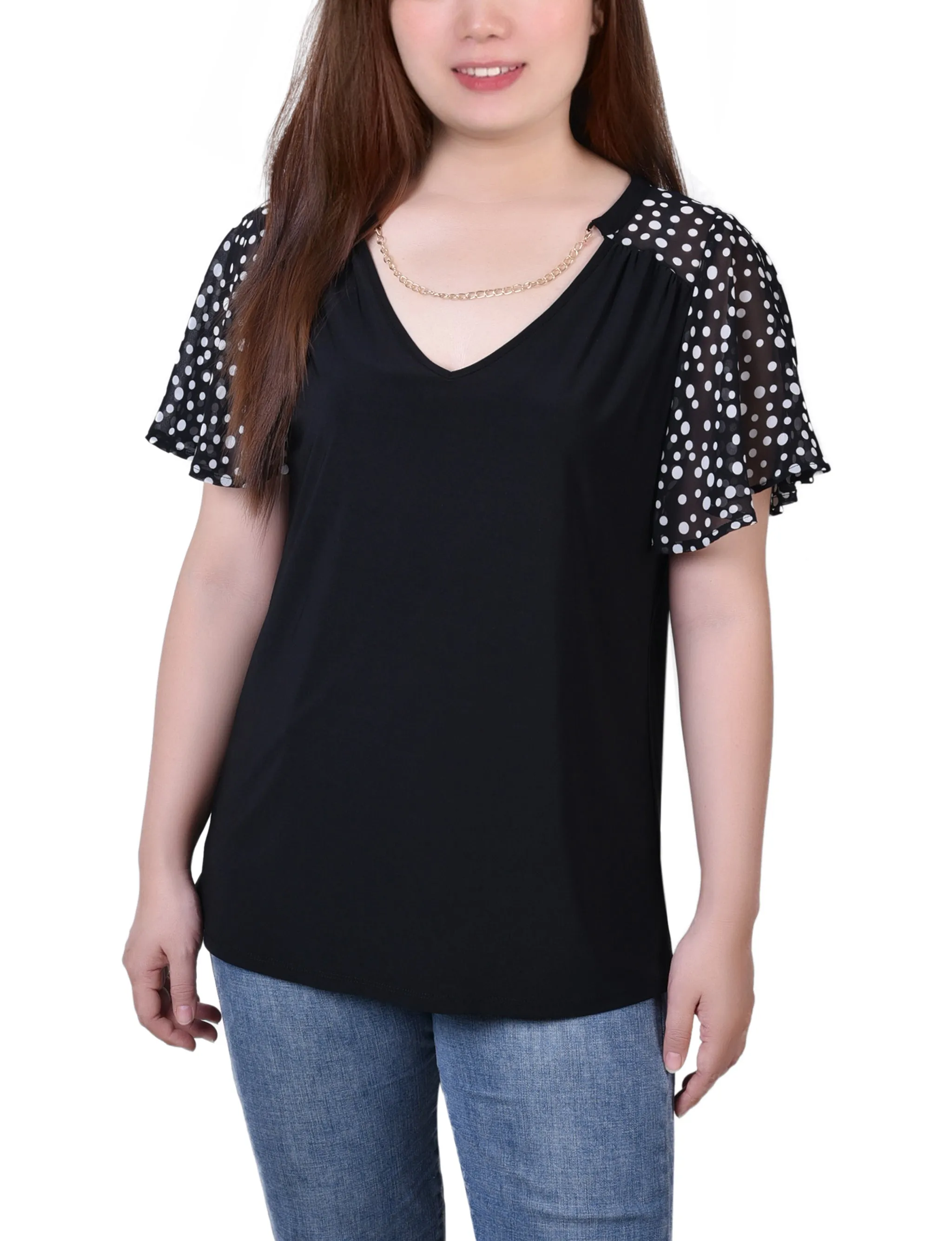 TemperatureRegulating Placket Detailing Combo Chiffon-Sleeve V Neck Top