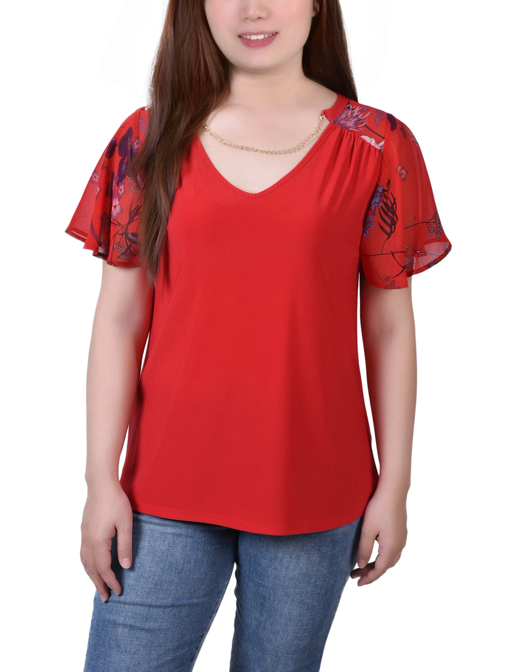 Sun Protective Fabric Relaxed Dress Combo Chiffon-Sleeve V Neck Top