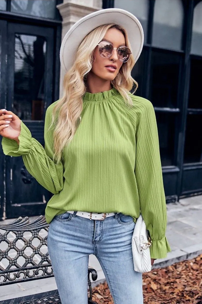 WOMEN SHIRRED HIGH NECK LONG SLEEVE SOLID BLOUSE Quick Access Pockets Minimalist Stitching