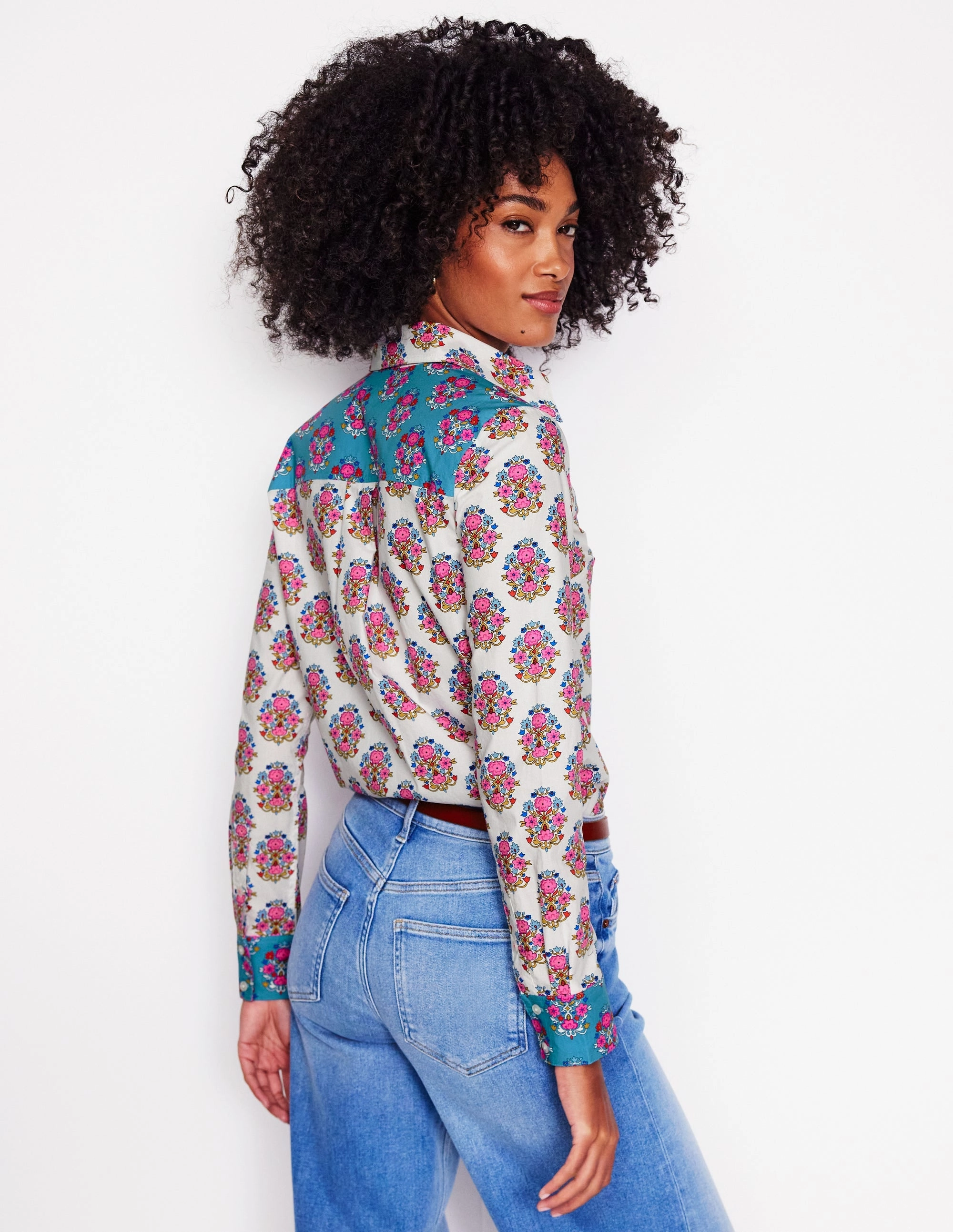 Sienna Cotton Shirt-Ivory, Wildflower Stamp Full Coverage Fit