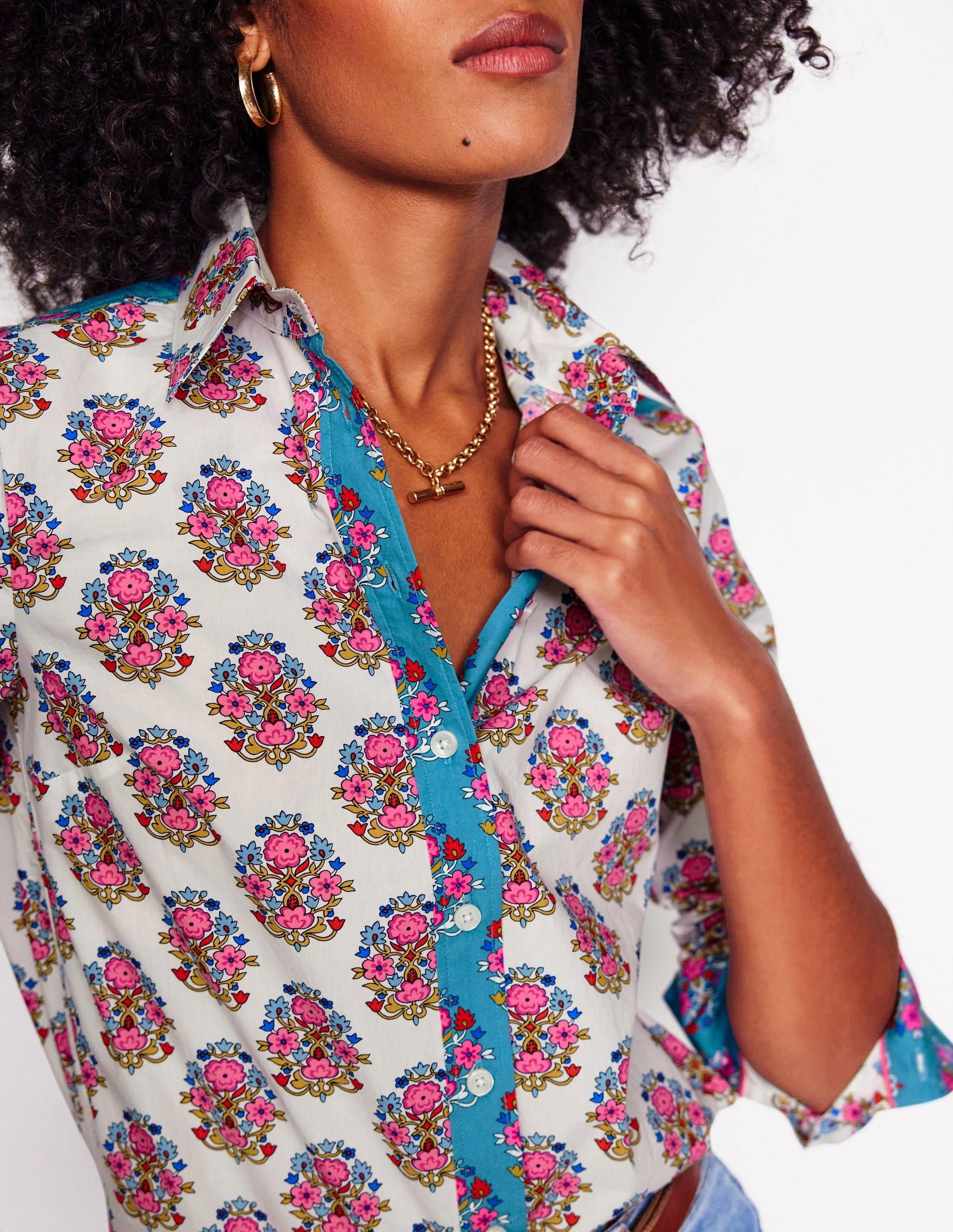 Breathable Construction Sienna Cotton Shirt-Ivory, Wildflower Stamp