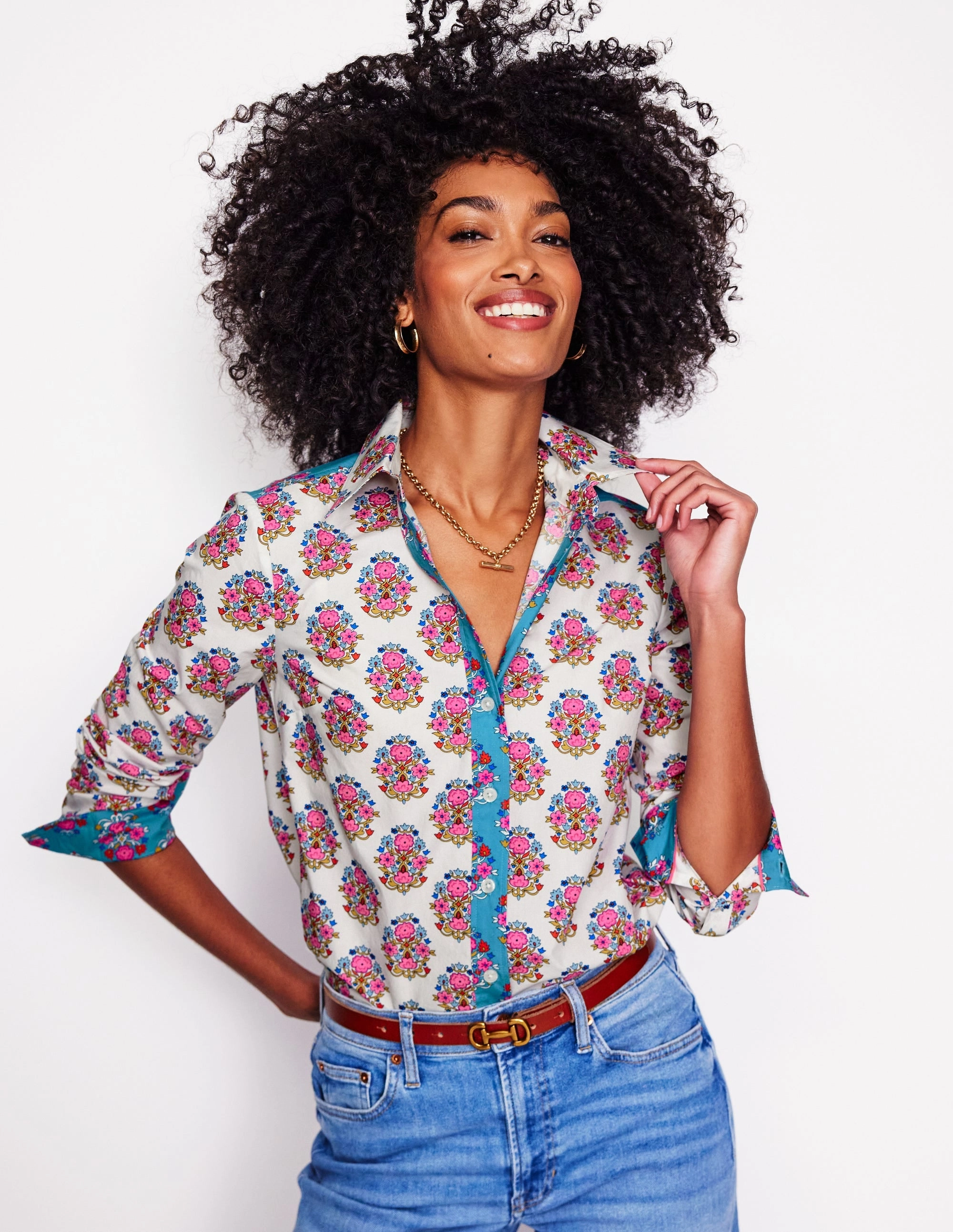 Sienna Cotton Shirt-Ivory, Wildflower Stamp Durable Double Stitching Layered Collar