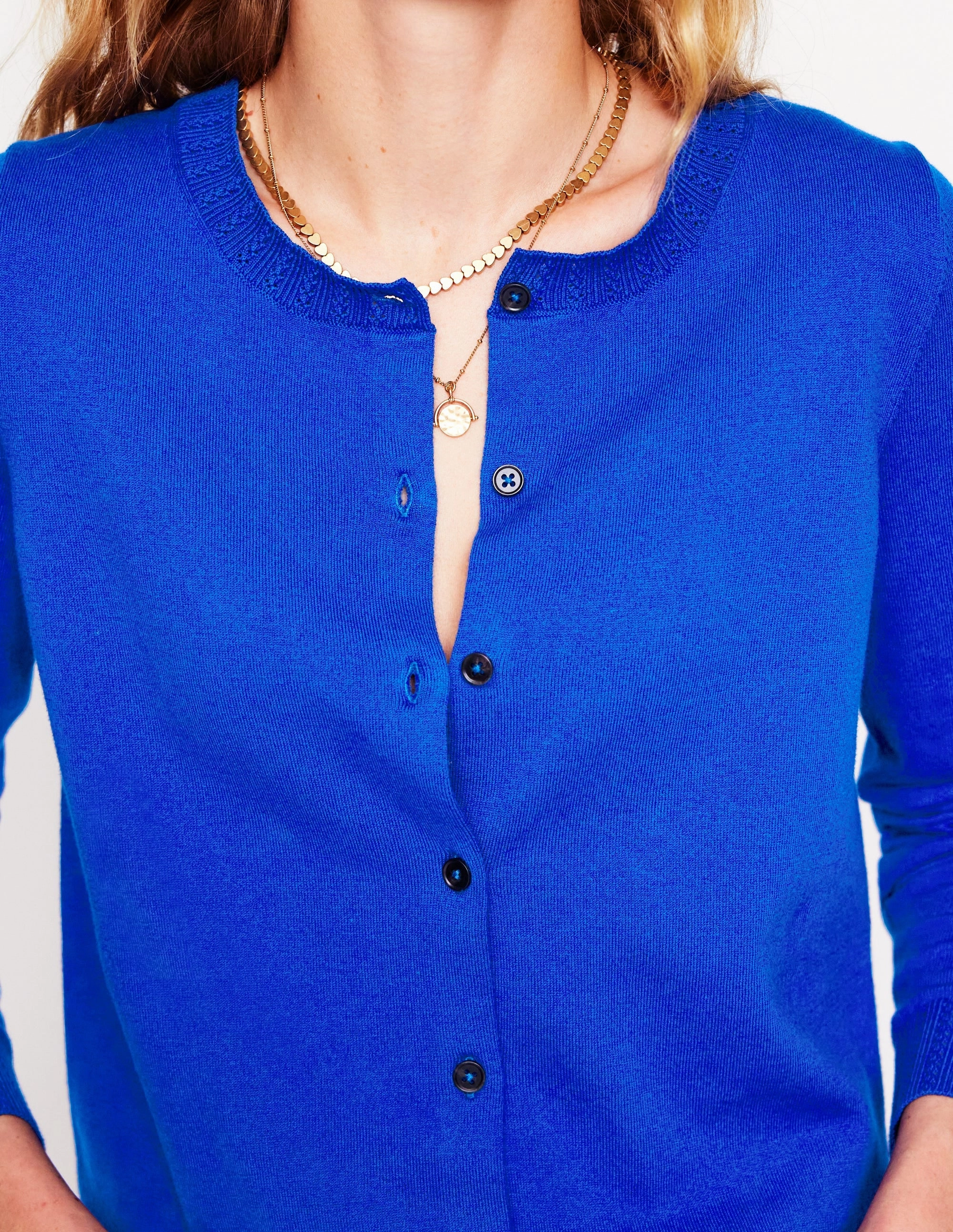 DoubleLayered Hem Subtle Fit Emilia Cotton Crew Cardigan-Bright Blue