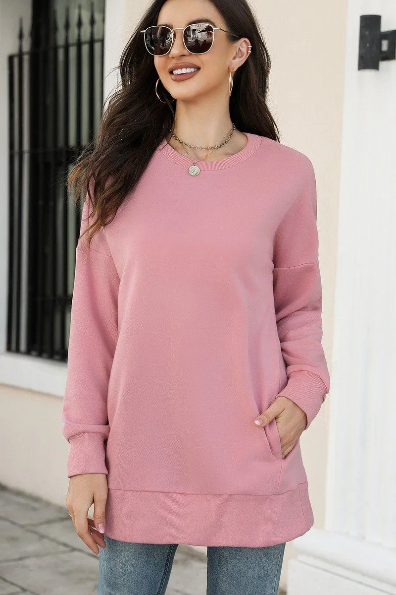 WOMEN CREW NECK LONG LENGTH PULLOVER TOP Relaxed Hoodie Breathable Mesh Insert
