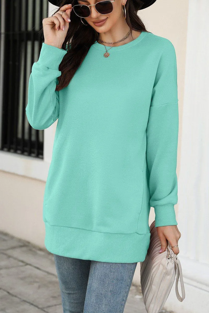 Roll Up Sleeve System ZeroWastePattern WOMEN CREW NECK LONG LENGTH PULLOVER TOP